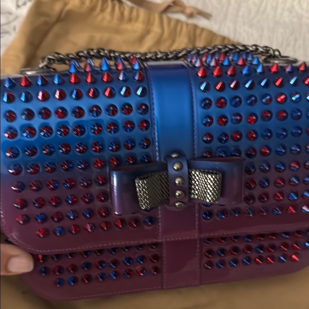 Louboutin Studded Blue and Red Women's Bag - Picture 14 of 17